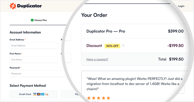 Duplicator Pro checkout page