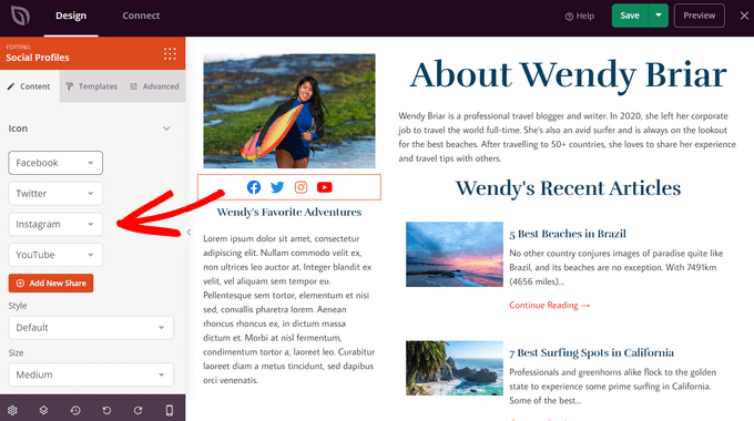 Editing the Social Profiles block in SeedProd Editing the Social Profiles block in SeedProd