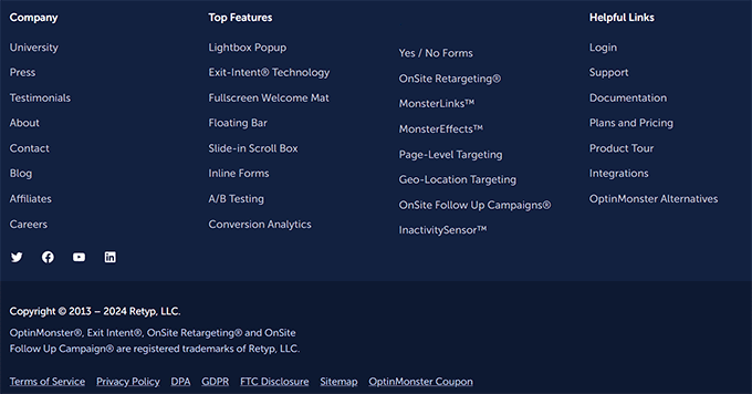 Footer di OptinMonster