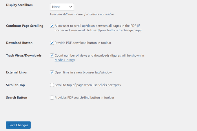 Configure outras configurações do visualizador de PDF, como downloads de PDF