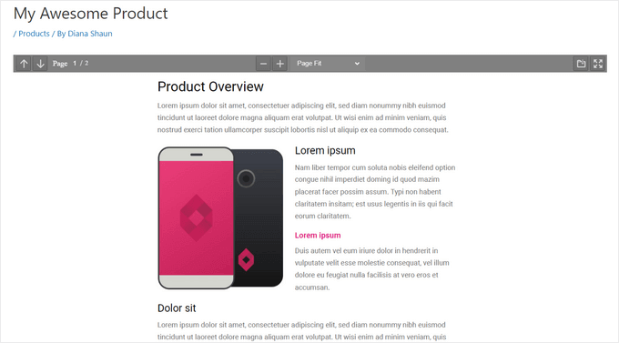 Um PDF, incorporado diretamente em um blog ou site WordPress