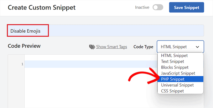 Type a name for your code snippet and choose PHP as code type Type a name for your code snippet and choose PHP as code type
