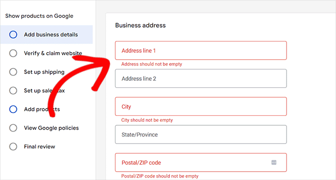 Forneça detalhes de envio e do negócio após a criação de uma conta GMC Forneça detalhes de envio e do negócio após a criação de uma conta GMC