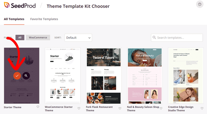 Choose SeedProd website kit template Choose SeedProd website kit template