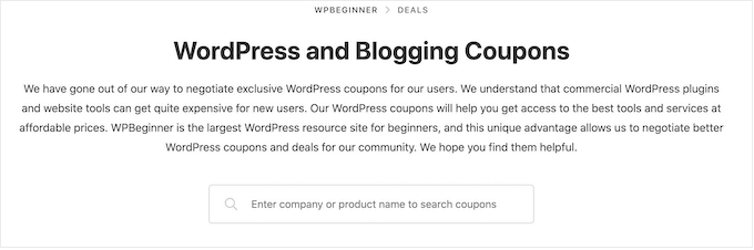 Searching coupons and deals on the WPBeginner website Searching coupons and deals on the WPBeginner website