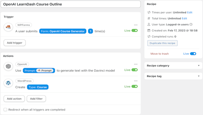 OpenAI course outline recipe with Automator