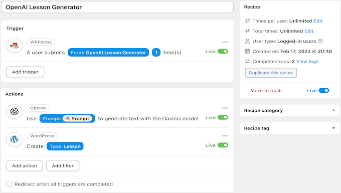 Automator recipe for an AI-generated lesson