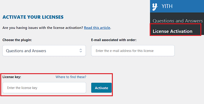 Activate your YITH plugin with the license key Activate your YITH plugin with the license key