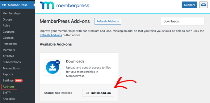 Installing the MemberPress Downloads Add-on