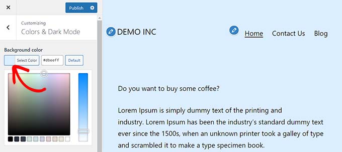 Change the bacground color in the theme customizer Change the bacground color in the theme customizer