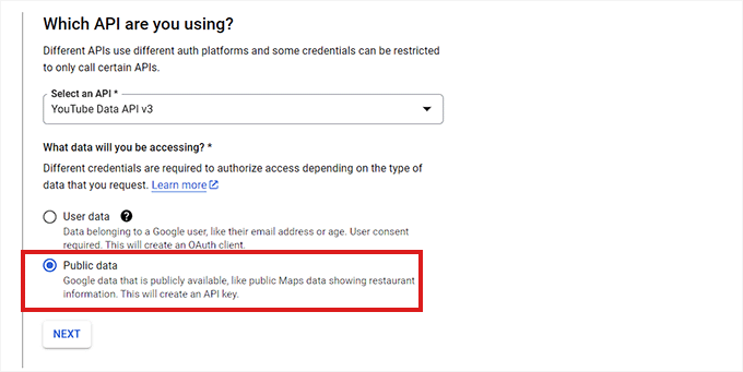 Check the Public data box and click on the Next button Check the Public data box and click on the Next button
