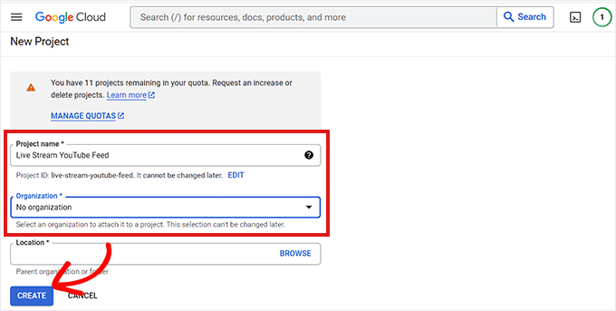 Choose a project name and its organization Choose a project name and its organization