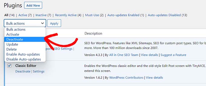 Scegli l'opzione Disattiva dal menu a discesa Opzioni di massa