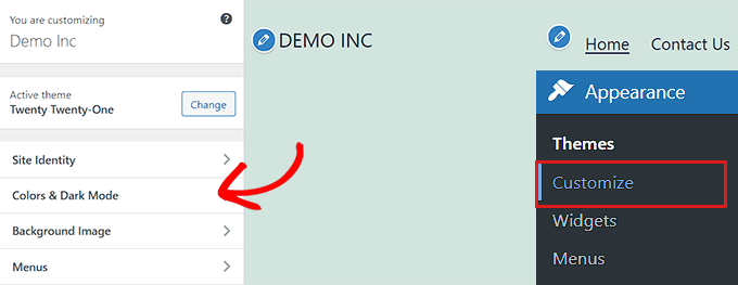 Click on the Color and dark mode panel in the theme customizer Click on the Color and dark mode panel in the theme customizer