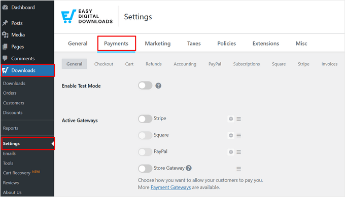 Configuring payment gateways in Easy Digital Downloads