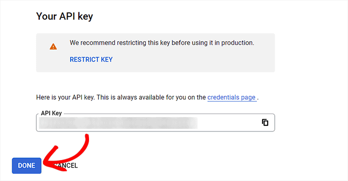 Copy the YouTube API key Copy the YouTube API key