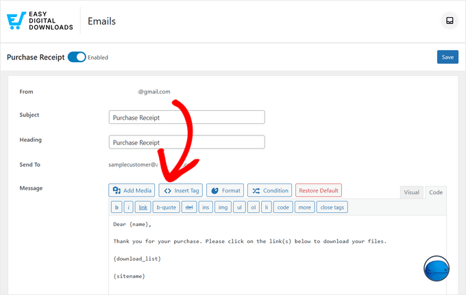 Easy Digital Download's conditional email settings
