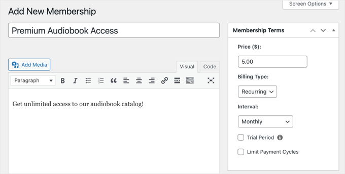 Adding a MemberPress Membership for Accessing Audiobooks