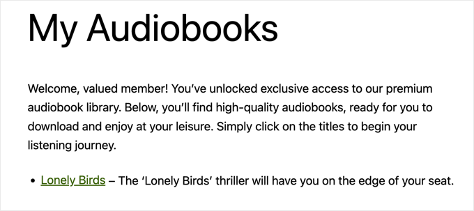 Example of a MemberPress Audiobooks Downloads Page