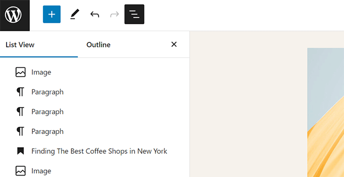 Bloco de lista agora mostra painel de contorno e informações