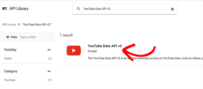 Search for the YouTube data API v3 option Search for the YouTube data API v3 option