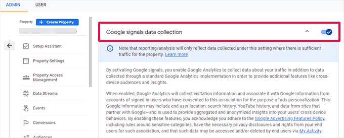 Turn on Google signals data collection