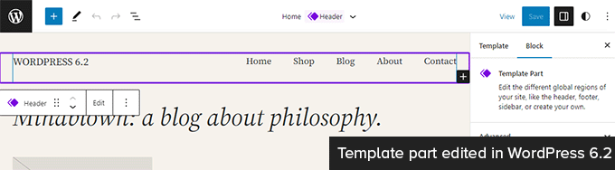 Parte de modelo editada no WordPress 6.2