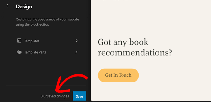 Alterações não salvas no editor de site