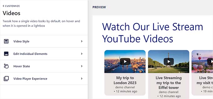 Videos panel option Videos panel option