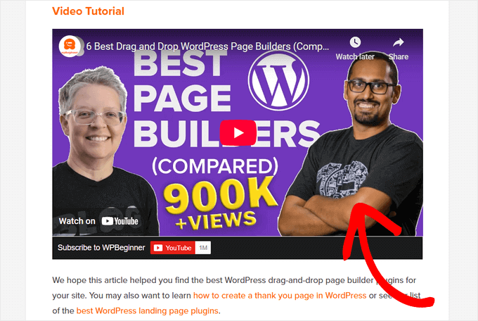 Example of WPBeginner YouTube video embedded in blog post