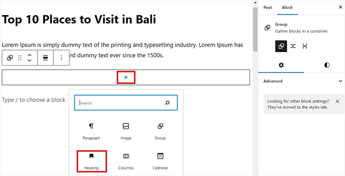 Add a heading block to the Group block Add a heading block to the Group block