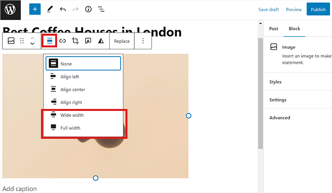 Use alignment settings to resize an image Use alignment settings to resize an image