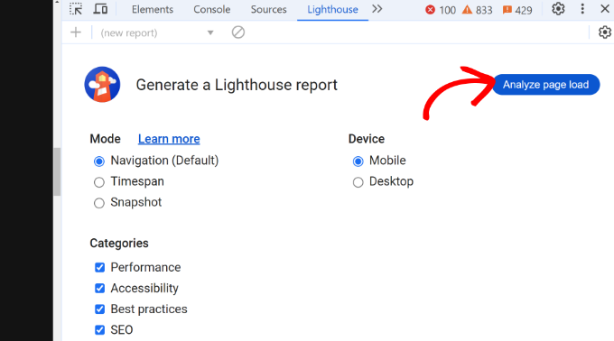 Analyze page load in lighthouse