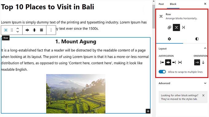 Configure the block settings of the Group block Configure the block settings of the Group block