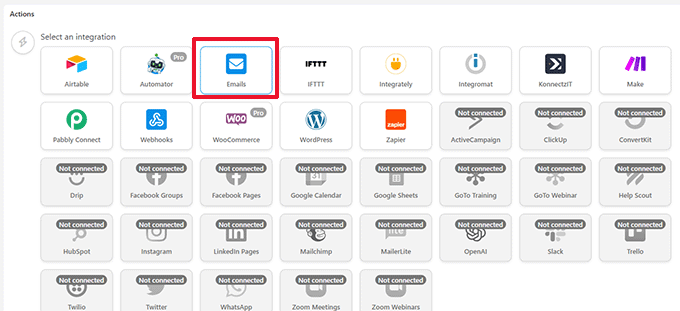 Choisir l'intégration de l'action