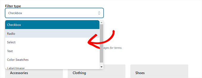Escolha um tipo de filtro no menu suspenso Escolha um tipo de filtro no menu suspenso