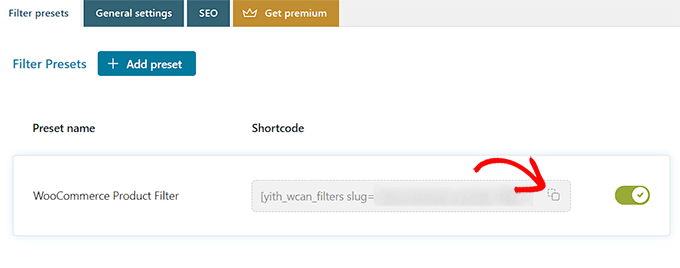Copie o shortcode para o preset do filtro Copie o shortcode para o preset do filtro