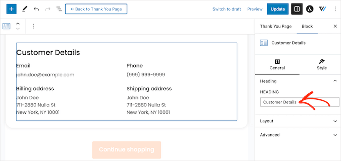Showing customer details on a custom 'order confirmed' design Showing customer details on a custom 'order confirmed' design