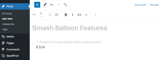 Lägga till en numrerad lista på en webbplats eller blogg