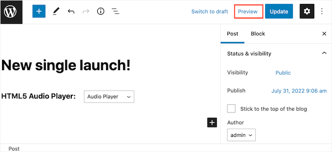 Anteprima del widget lettore musicale audio