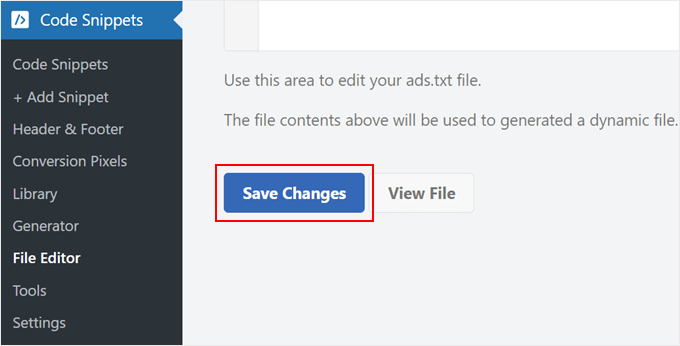Saving the ads.txt file on WPCode Saving the ads.txt file on WPCode