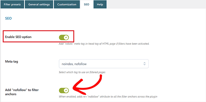 Configure as definições de SEO para o preset do filtro Configure as definições de SEO para o preset do filtro