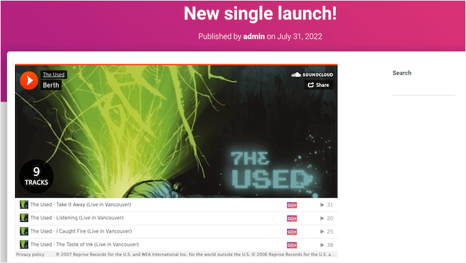 Lettore audio con contenuto SoundCloud incorporato