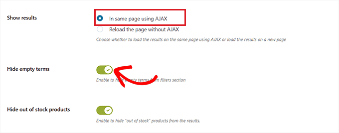Alterne os interruptores para ocultar termos vazios ou produtos fora de estoque Alterne os interruptores para ocultar termos vazios ou produtos fora de estoque