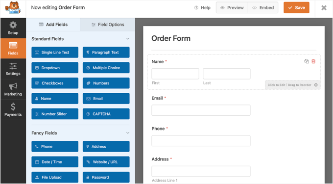 WPForms Will Pre-load the Form Builder with a Simple Order Form WPForms Will Pre-load the Form Builder with a Simple Order Form