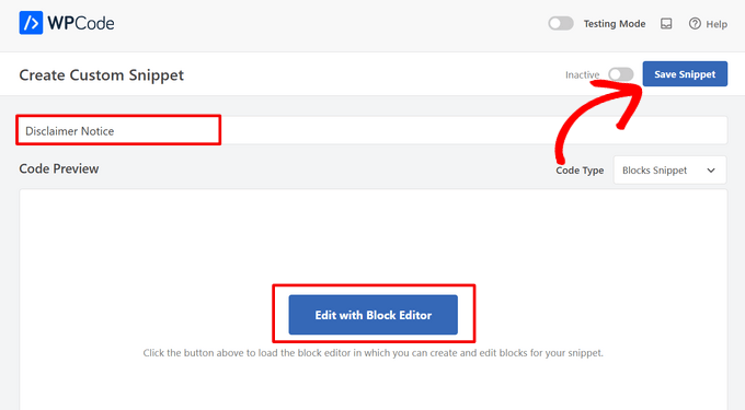 Save snippet and click edit with block editor button Save snippet and click edit with block editor button