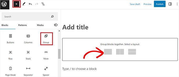 Select Group block from the block menu Select Group block from the block menu