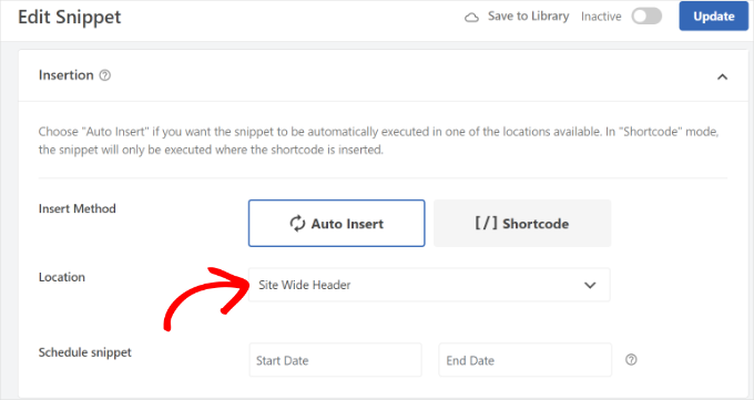 Select insertion method for code snippet Select insertion method for code snippet