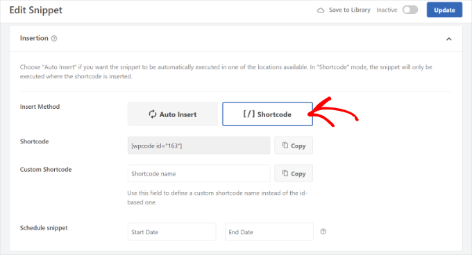 Use shortcode to add blocks snippet Use shortcode to add blocks snippet