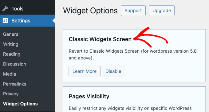 wordpressadminarea-settings-widgetoptions-classicwidgetscreen-enabled Classic Widgets Screen' option enabled in Widget Options